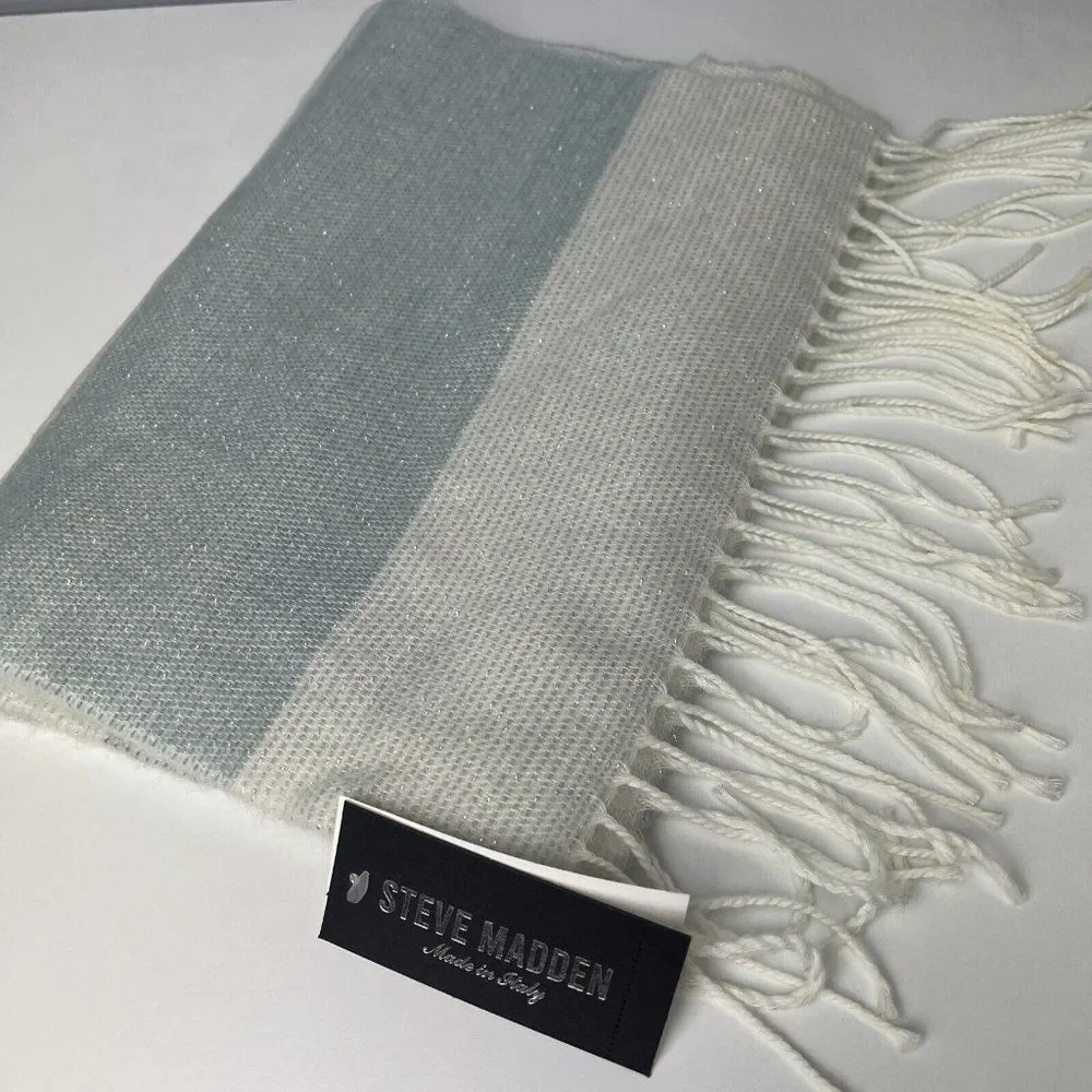 Steve Madden Muffler Scarf‎ Lurex Striped Blue Grey Shimmer Fringe Italy NWT